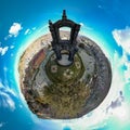La Oaz, Bolivia, 01162023 - Monument on overook over the city, aerial view in a circular format for Little Planet