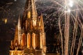 La Parroquia church building facade surrounded by fireworks