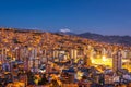 La Paz, Bolivia, Panoramic View of Cityscape and Illimani Mountain at Night