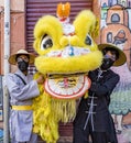 La Paz, Bolivia, 01222023 - Two Chinese immigrants show off a dragon head for the Chinese New Year parade