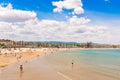 LA PINEDA, SPAIN - JUNE 6, 2017: Coastline Costa Dorada, beach in La Pineda, Tarragona, Catalunya, Spain. Copy space for text.