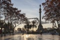 La Rambla and Colon monument at dawn, winter day. Barcelona.