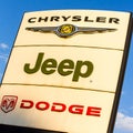 La rochelle, France - August 30, 2016: Official dealership sign of Chrysler, Jeep, and Dodge against the blue sky. American brand