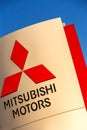 La rochelle, France - August 30, 2016: Official dealership sign of Mitsubishi against the blue sky. Mitsubishi Motors Corporation