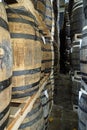 La Romana, Dominican Republic, circa September 2022 - Old oak wook rum barrels in a rum factory Royalty Free Stock Photo