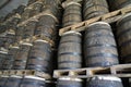 La Romana, Dominican Republic, circa September 2022 - Old oak wook rum barrels in a rum factory Royalty Free Stock Photo