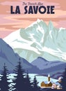 La Savoie Ski resort poster, retro. Winter travel card vintage