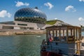 La Seine Musicale or City of Music on Seguin Island with peniche in Boulogne-Billancourt, south-west of Paris. Royalty Free Stock Photo