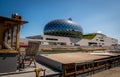 La Seine Musicale or City of Music on Seguin Island with peniche foreground in Boulogne-Billancourt, south-west of Paris. Royalty Free Stock Photo