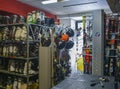 Ski and snowboard rental shop workshop with equipment ready for rental