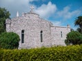 LA TOJA, SPAIN - JULY 24, 2021:Church covered with scallop shells at the La Toja island, Ermida de San Campio e San Sebastian,