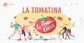 La Tomatina Landing Page Template. Tomato Festival Celebration. Happy Characters Throw Vegetable to Eath Other