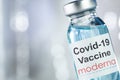 LA, USA - January 7, 2020: Moderna logo with Covid-19 Vaccine, on a vaccine vial for immunization of the coronavirus or covid 19 Royalty Free Stock Photo