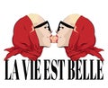 La vie est belle. Vector hand drawn illustration of blondes in shawl and glasses biting a peach.