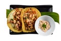 La Viga tacos with shrimps and mexican sauces