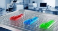 Lab on a chip device with microfluidic channels showing colorful liquids in a modern laboratory setup Royalty Free Stock Photo