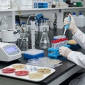 In a lab coat and gloves uses a pipette to transfer liquid into test Royalty Free Stock Photo