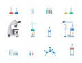 Lab equipment flat vector illustration set. Test tubes, chemistry beakers with liquids, measuring cup isolated on white Royalty Free Stock Photo