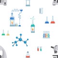 Lab equipment flat vector seamless pattern. Test tubes, chemistry beakers, measuring cups. Laboratory microscope, flasks Royalty Free Stock Photo