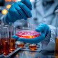 Lab exploration Scientist holds Petri dish in a modern laboratory