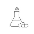 Lab flask thin line icon with two capsule pills. Pharmaceutical concept. Erlenmeyer conical flask.