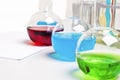 Lab flasks with colored liquids, lab workplace Royalty Free Stock Photo