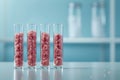4 lab glass tubes with cultured meat staying on the table in a laboratory. Cellular agriculture concept. Ai generated