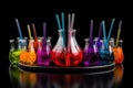 lab glassware with multicolored liquids and pipettes