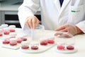 Lab-grown synthetic meat cultivation, detailed close-up with stem cells for sustainable alternatives