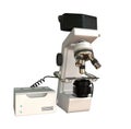 Lab microscope and control block with fictive design isolated on white color - photorealistic medical 3d illustration, genetic