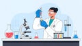 Lab Researcher Analyzing Liquid Sample In Flask With Microscope Background. Lab Technician Working In Lab With Test Royalty Free Stock Photo