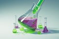 Lab scene features intricate chemical instruments and vibrant reagents