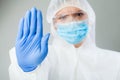 Lab scientist doctor wearing biohazard protective suit hand gesturing STOP Coronavirus Royalty Free Stock Photo