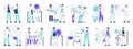 Lab scientists, flat medical, chemistry development. Biotechnology lab workers, laboratory researching work symbols illustration Royalty Free Stock Photo