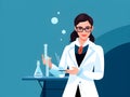 Scientific Educator,Woman Teacher in Glasses and Suit Conducting Experiment with Test Tube - Flat-Style Concept.GenerativeAI.