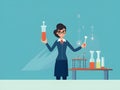 Scientific Educator,Woman Teacher in Glasses and Suit Conducting Experiment with Test Tube - Flat-Style Concept.GenerativeAI. Royalty Free Stock Photo