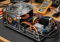 A lab setup featuring a transparent acrylic power supply unit showcasing internal components: large Royalty Free Stock Photo