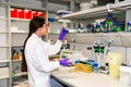 Lab technician examines scrapings on glass slides