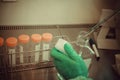 Lab technician takes sample from tube for test, close up Royalty Free Stock Photo