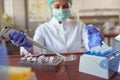 Lab technician using automatic pipette