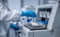 A lab technician in a white coat and blue gloves places a small sample vial into a laboratory analyzer. The machine has a tray of Royalty Free Stock Photo