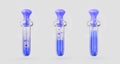 Lab test tubes with blue magic elixir 3d render icon set. Cartoon glass beakers, flasks with liquid and water bubbles Royalty Free Stock Photo