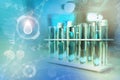 Lab test tubes in modern pollution university clinic - drinking water quality test for bacteria design background, medical 3D Royalty Free Stock Photo