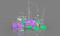 Lab test tubes and other scientific glassware with green and pink liquids isolated on grey background - college concept, 3D