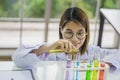 Lab Testing Products By a chemist women are enjoying chemistry experiments, liquid colors for cosmetics and icons to develop safe