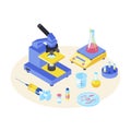 Lab tests isometric color vector illustration. Chemical experiment. Diagnostic, scientific laboratory equipment. Microbiology. Royalty Free Stock Photo