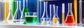 Lab theme with lab glassware filled colorful liquid and transparent empty podium on gradient background. Science