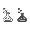 Lab tube with a heart line and solid icon. Laboratory of the Love illustration isolated on white. Love Chemistry potion