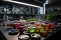 lab with unique and unexpected microbial cultures in petri dishes, including colorful and natural environments
