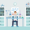 Lab worker doing test vector illustration. Male chemist, researcher mixing liquids in test tubes cartoon character